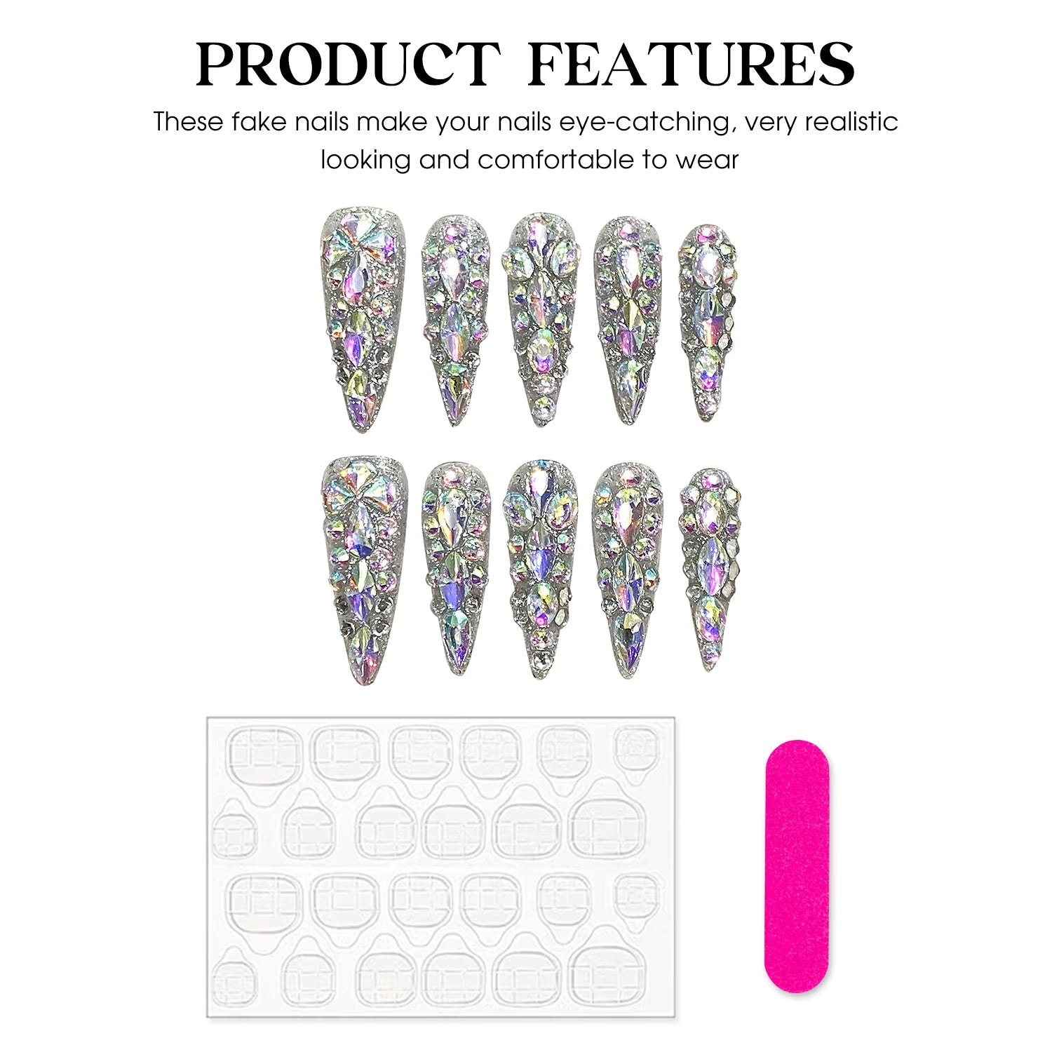 10pcs Handmade Press On Nails Long Stiletto False Nails Massive Glossy Rhinestone Decor Full Cover Ballerina Wearable Manicure