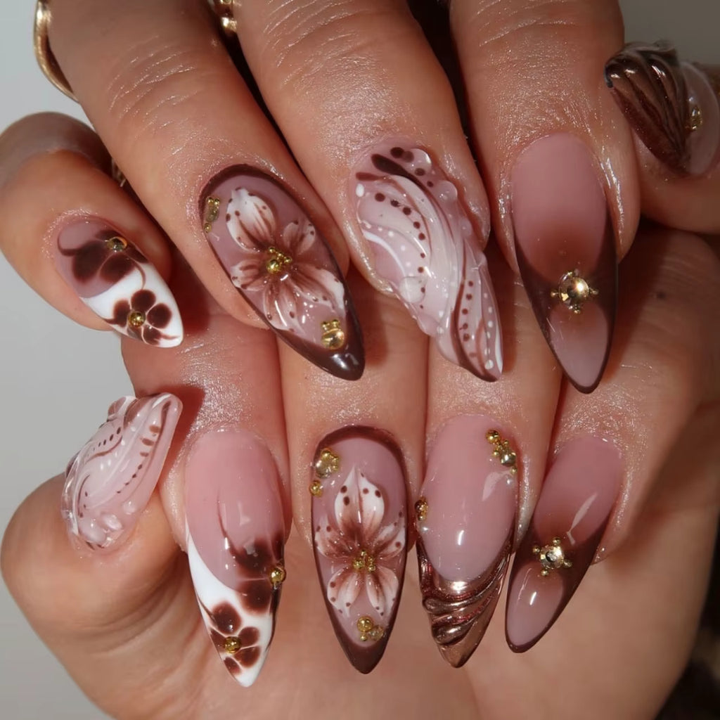 Medium fake nails for women gradient coffee brown 3D embossed flowers or leopard cross with rhinestones full cover press on nail