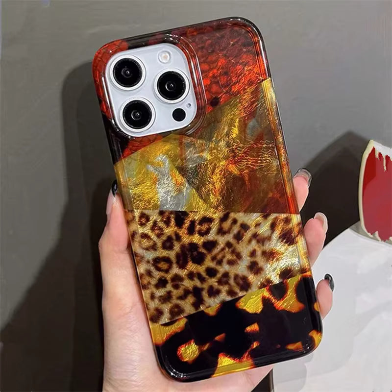 Ins Stripes Leopard Jigsaw Wave Point Print Phone Case for iPhone 16 17 15 14 13 11 12 Pro Max Plus Patchwork Vortex Cover Funda