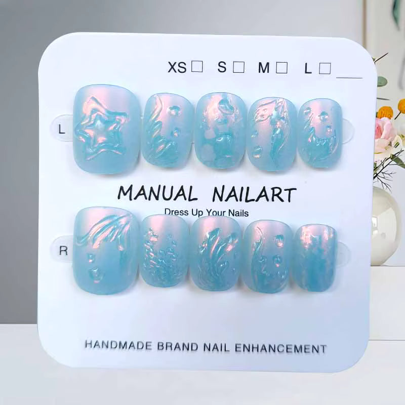 10Pcs Ocean Secret Realm Blue Matte Fish Tail Aurora Short Round Head Press on Nails Pink Fish Tail with Pearl Flase Nail Patch