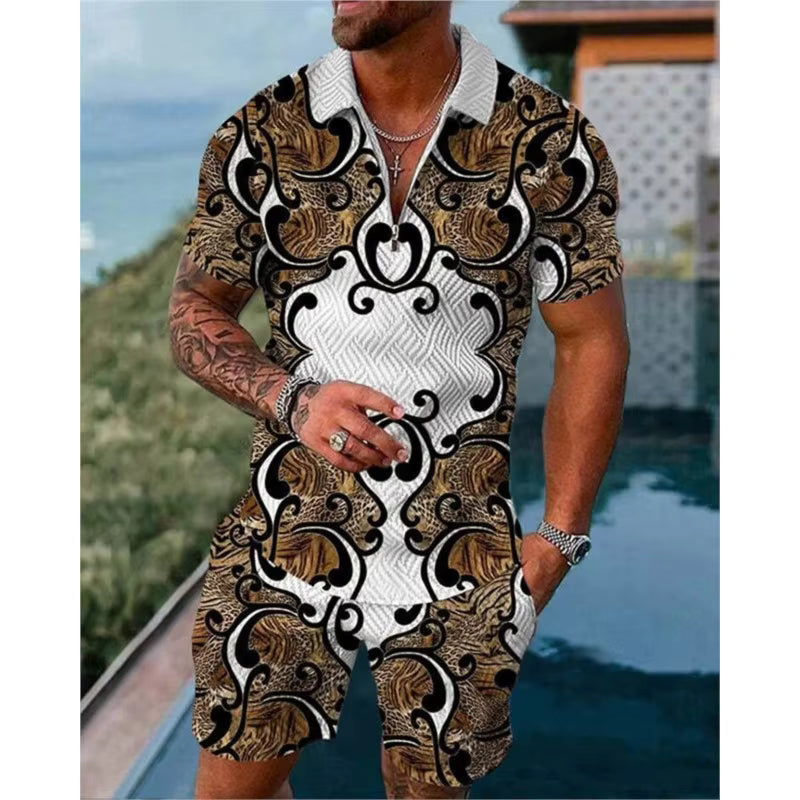Men's Tracksuit Set Summer Luxury Pattern 3D Print Casual Zipper Polo Shirt Suit Shorts 2 Pcs Fashion Streetwear Man Clothing