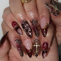 Medium fake nails for women gradient coffee brown 3D embossed flowers or leopard cross with rhinestones full cover press on nail