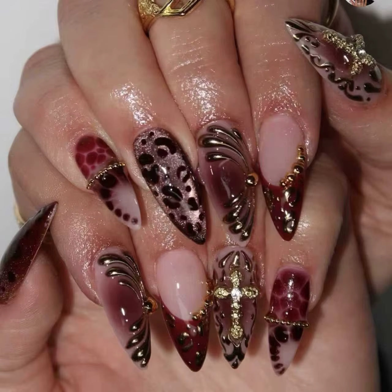 Medium fake nails for women gradient coffee brown 3D embossed flowers or leopard cross with rhinestones full cover press on nail