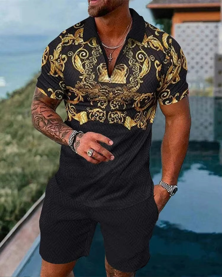 Men's Tracksuit Set Summer Luxury Pattern 3D Print Casual Zipper Polo Shirt Suit Shorts 2 Pcs Fashion Streetwear Man Clothing