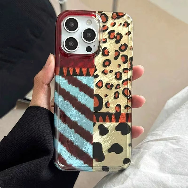 Ins Stripes Leopard Jigsaw Wave Point Print Phone Case for iPhone 16 17 15 14 13 11 12 Pro Max Plus Patchwork Vortex Cover Funda